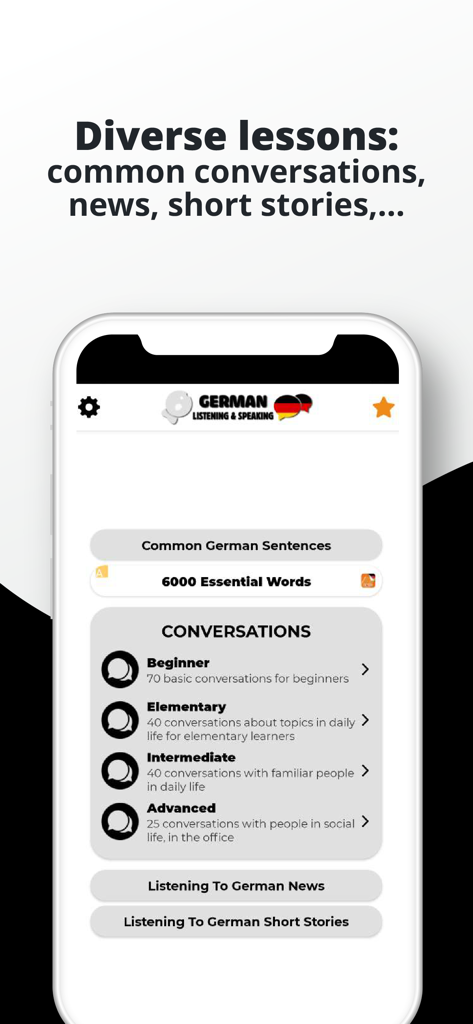 Capture d'écran du menu de l'application Allemand Écoute et Parole montrant les niveaux de conversation de débutant à avancé ainsi que des options d'actualités et d'histoires.