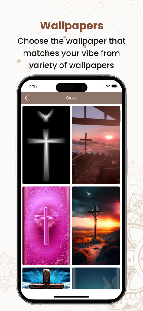 A selection of Christian themed wallpapers featuring various cross designs within the Hungarian Bible app