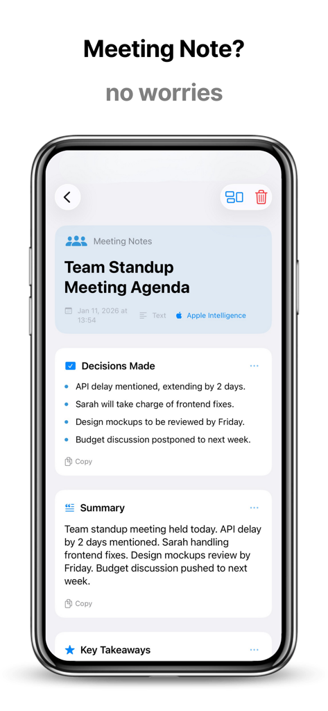 Wiz Note AI: Smart Notes - Resumen de notas de reunión y decisiones generadas por IA en la aplicación Wiz Note AI.