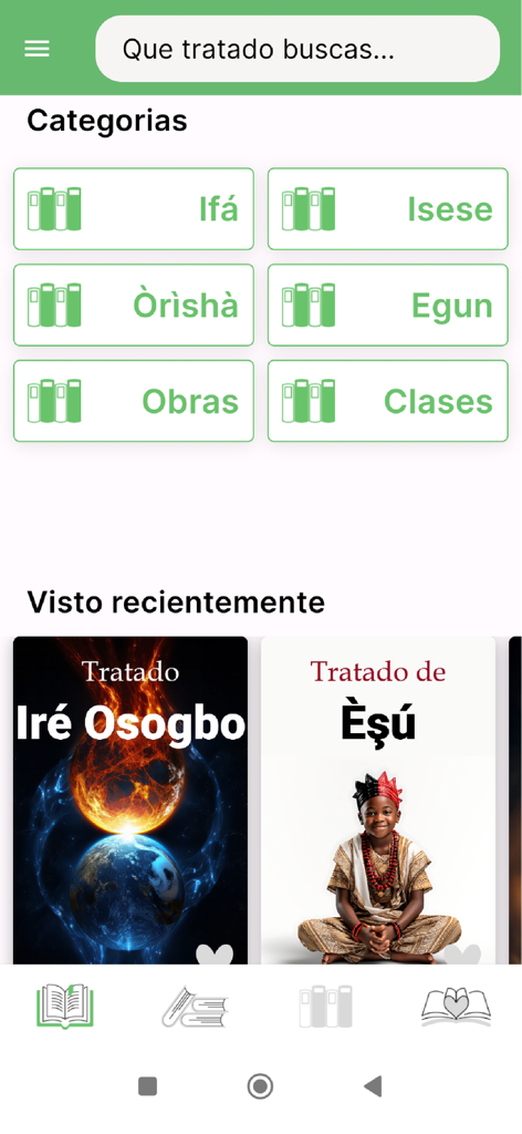 Tela inicial do aplicativo Tratados Ifa Orisha mostrando categorias religiosas e livros visualizados recentemente como Tratado de Esu