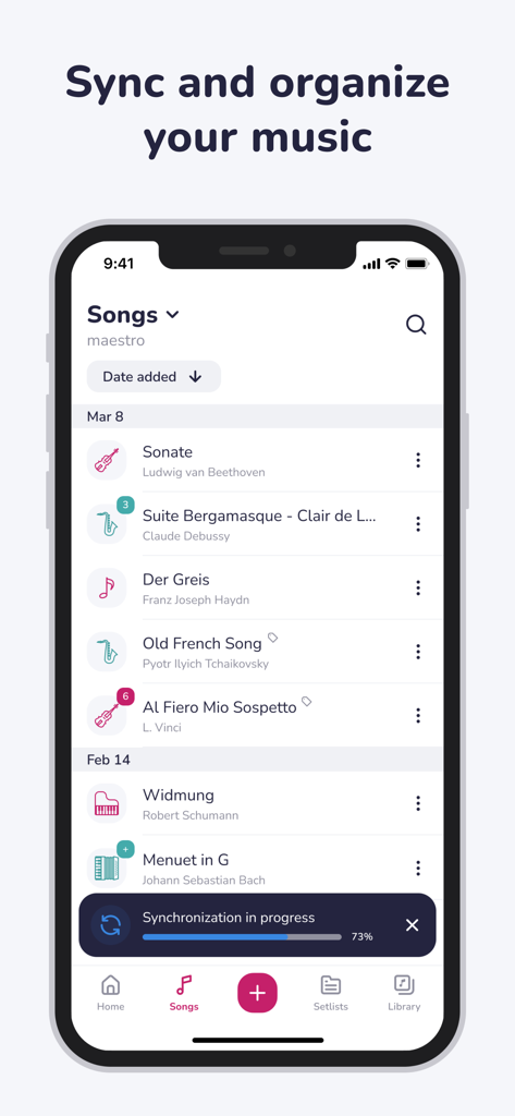 Maestro Amadeus - Sheet Music - Maestro Amadeus App-Oberfläche zeigt eine Liste klassischer Musikpartituren mit einer Synchronisierungsfortschrittsleiste unten