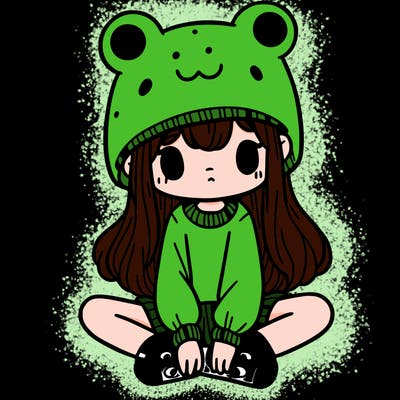 a girl wearing a frog hat and some frog socks