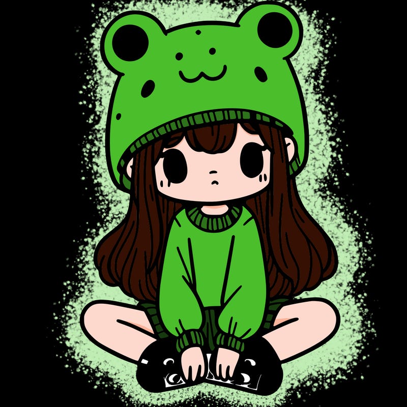 a girl wearing a frog hat and some frog socks