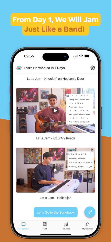 Learn Harmonica In 7 Days - Interface of the Learn Harmonica app showing video lessons to jam along with popular songs and tabs.