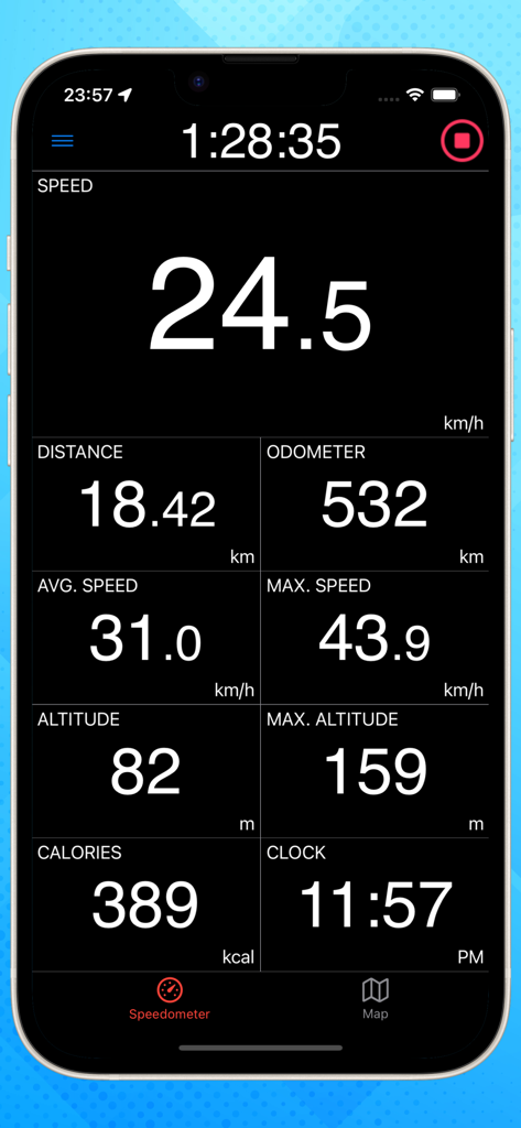 Bike Computer - Cycling - A bike computer app interface in dark mode displaying real-time cycling statistics including speed distance odometer and calories