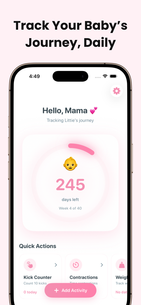 Panel de la aplicación BabyKicks que muestra la cuenta regresiva del progreso del embarazo y las funciones del contador de patadas