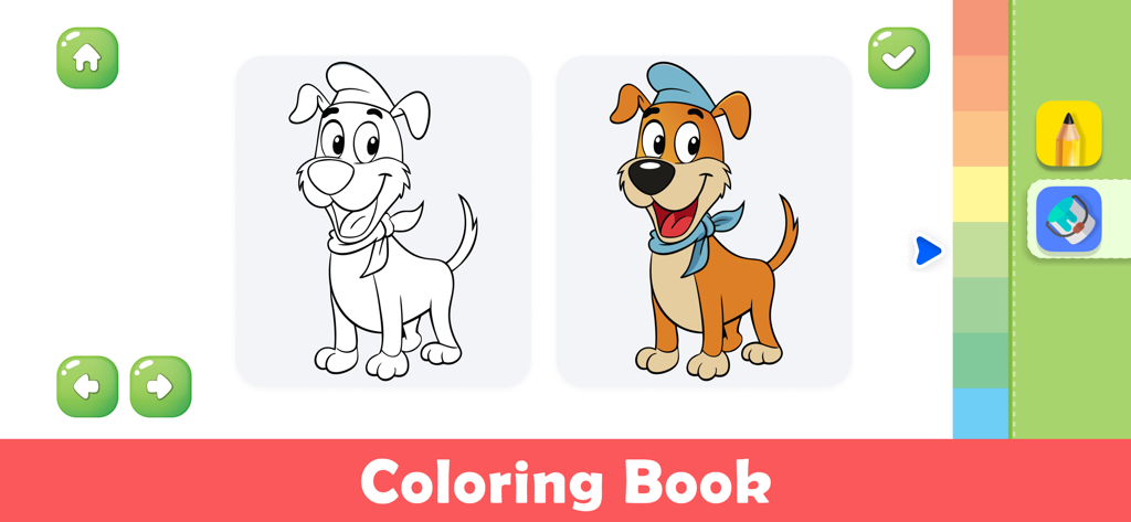 A coloring book interface featuring a cute cartoon dog character with both outline and colored versions for kids to learn and draw