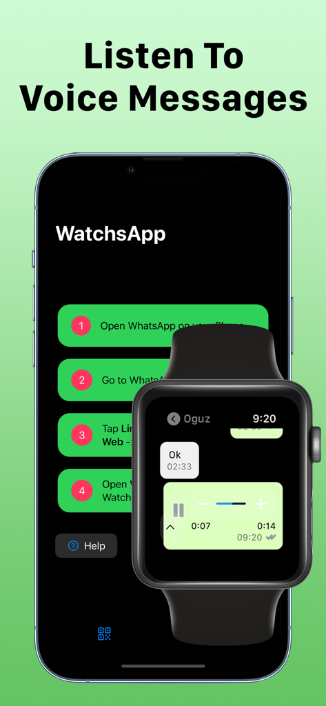 A demonstration of listening to WhatsApp voice messages on an Apple Watch using the WatchsApp application