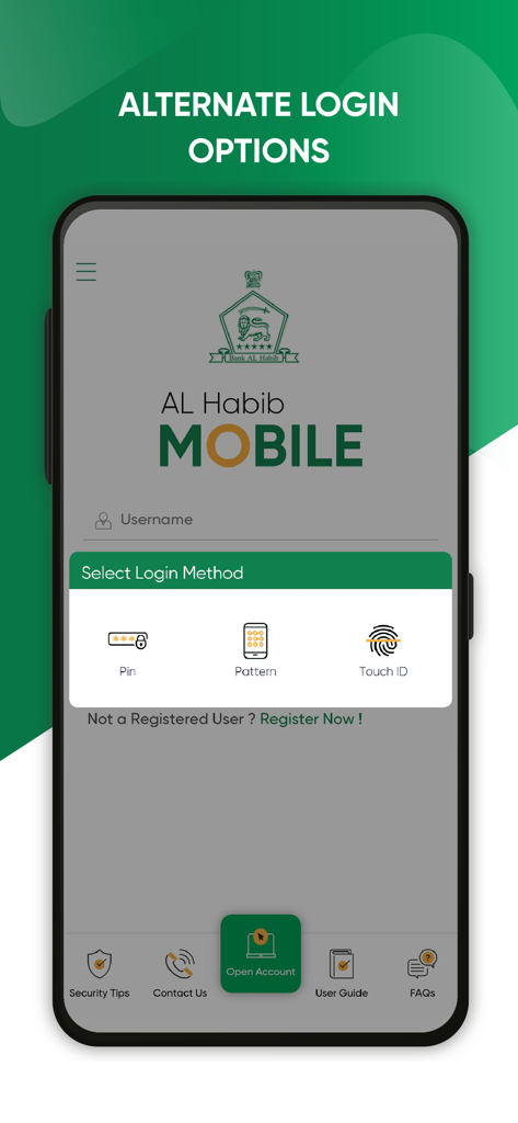 AL Habib Mobile app login screen displaying options for PIN, Pattern, and Touch ID authentication.