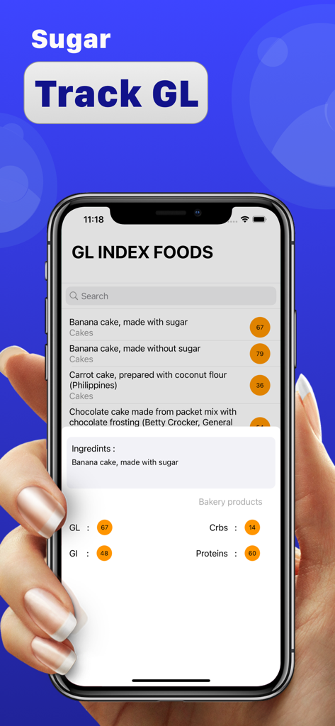 Diabetic carb counter - A screenshot of the Diabetic Carb Counter app showing Glycemic Load and Glycemic Index for specific food items