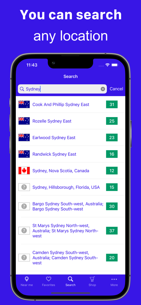 A mobile screen from the My AQI app showing a search for Sydney with multiple global location results and their air quality index values