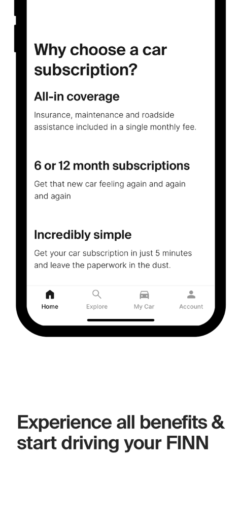 FINN Car Subscription - A mobile screen showing the benefits of a FINN car subscription including all-in coverage and flexible terms.