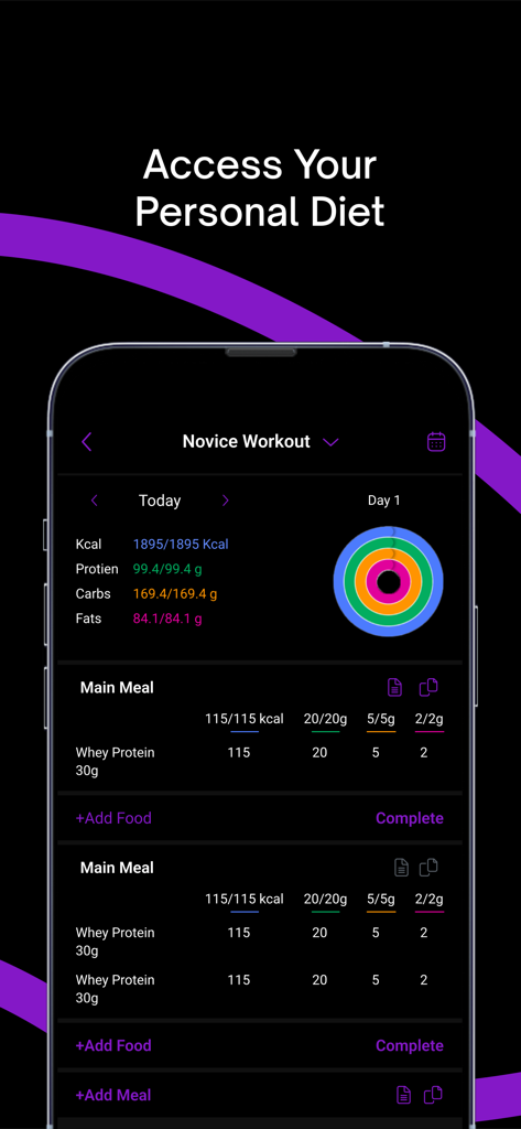 Tela pessoal de acompanhamento de dieta e macros no aplicativo Dans Coaching.