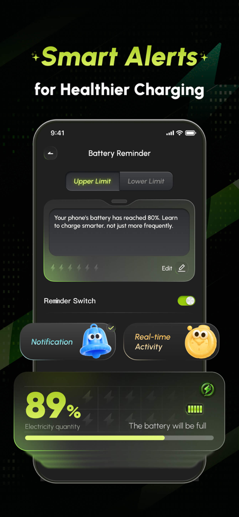Interface of the Battery Care+ app showing smart alerts and custom battery charging reminders for healthier habits.