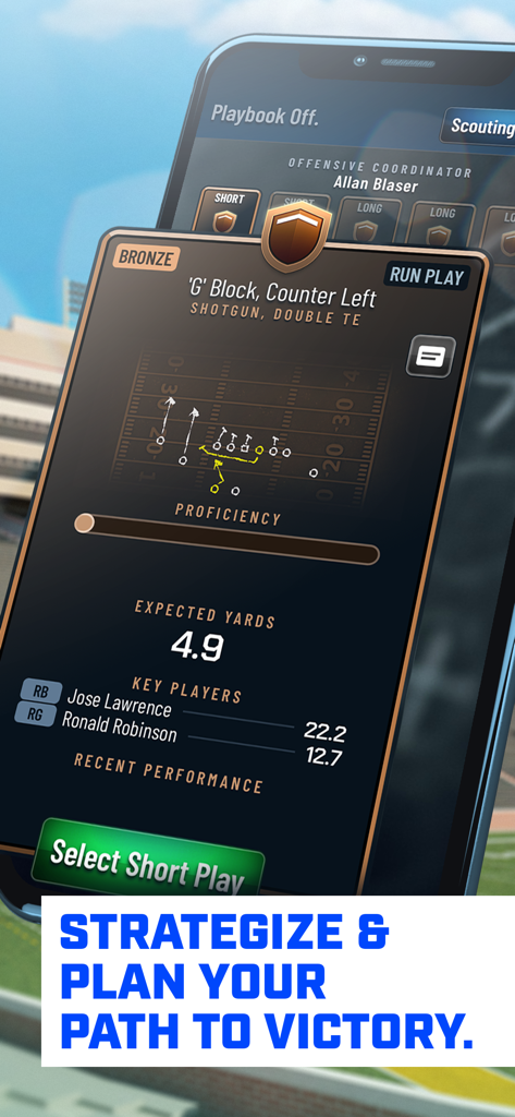 The Program: College Football - A mobile game screen from The Program: College Football showing an offensive play card with diagrams and stats for a counter left run play.
