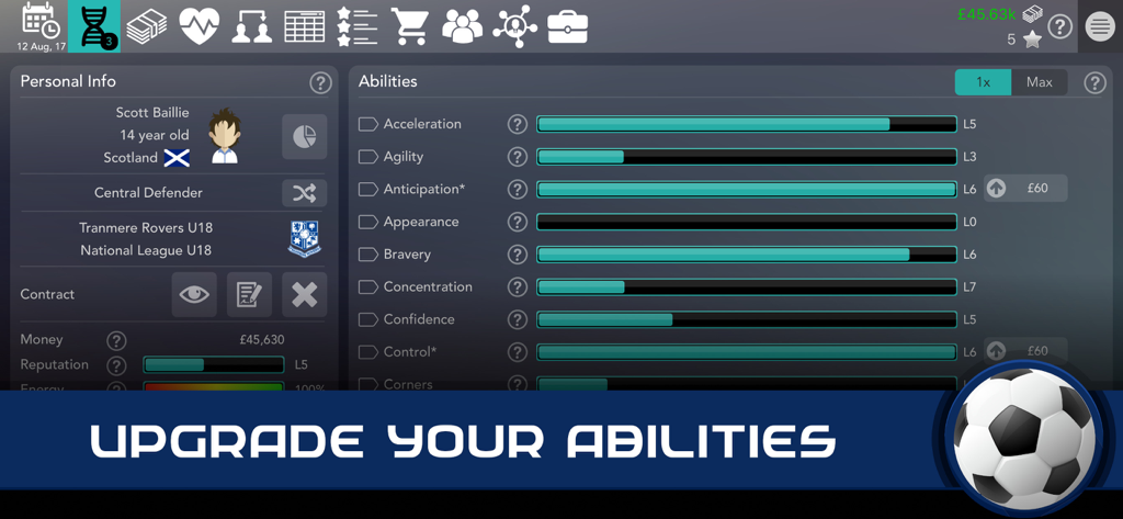 Interface of Football Superstar game showing player character stats and abilities upgrade screen