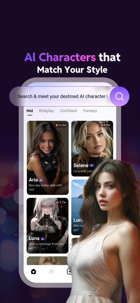 Linky AI: Chat, Play, Connect - Die Linky AI App-Oberfläche zeigt eine Suchleiste und eine Galerie von realistischen und Anime-Style KI-Charakteren für Chat und Rollenspiel.