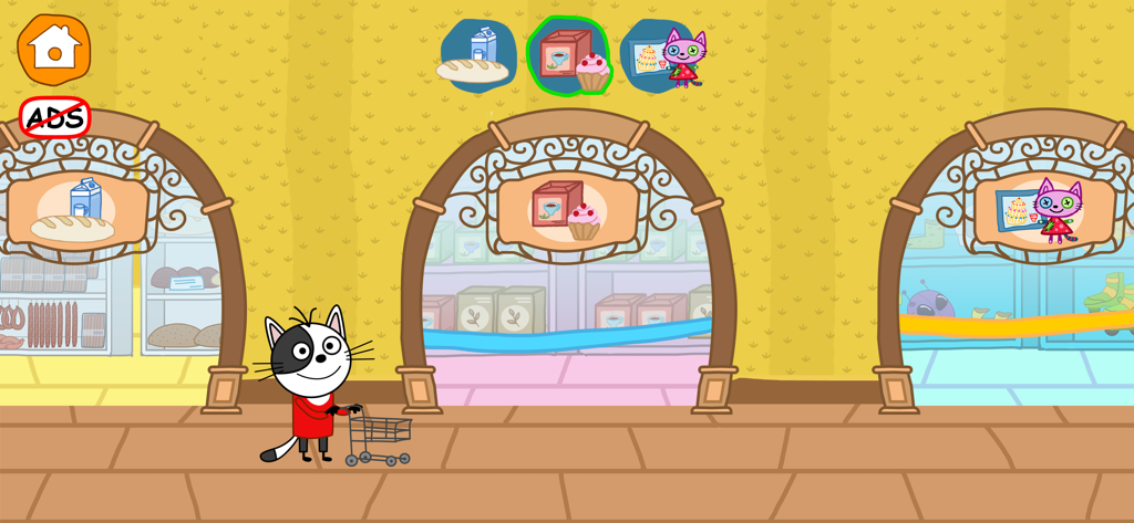 Kid-E-Cats: Supermarket Game! - A cartoon cat character pushing a shopping trolley in the Kid-E-Cats supermarket game