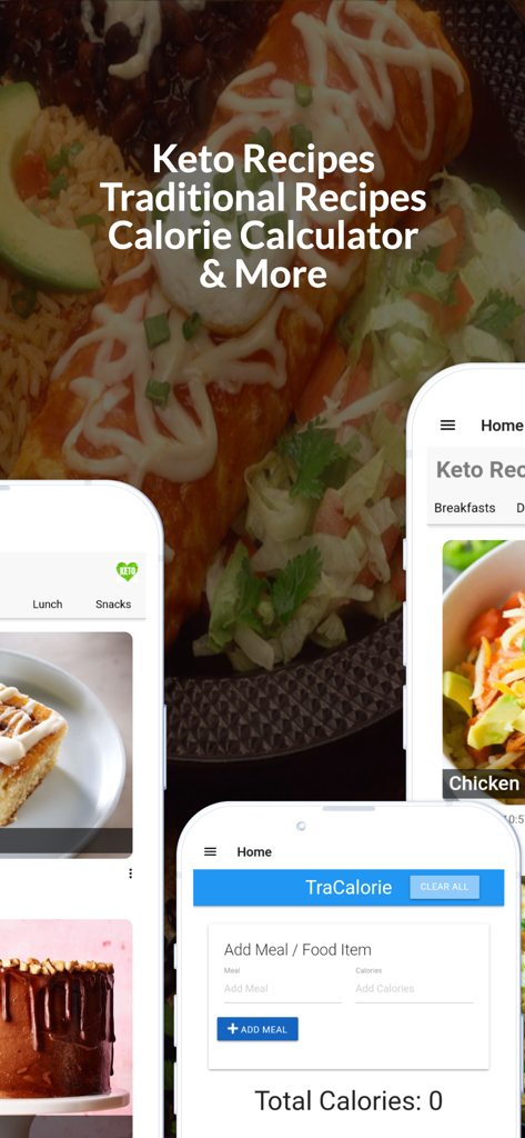 Keto Diet App: Recipes & Tools - Keto Diet App displaying various low-carb recipe categories and a calorie tracking interface over a background of healthy food