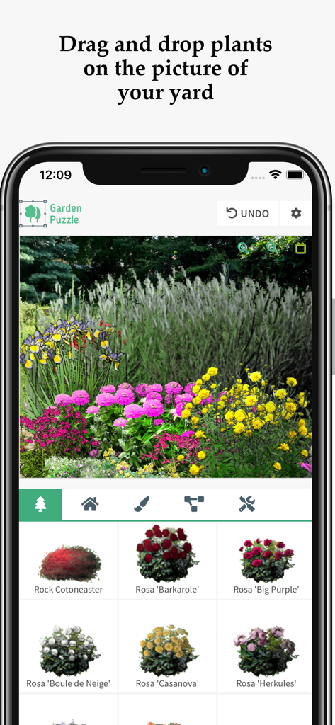 GardenPuzzle app on a smartphone showing a garden design interface with a drag and drop plant menu