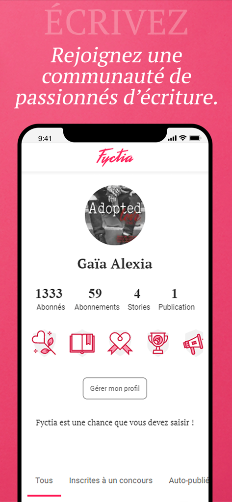 Interfaccia dell'app Fyctia che mostra la pagina del profilo di un autore con statistiche sui follower e storie pubblicate