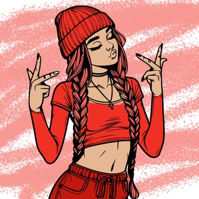 realistic teenage girl with braids and a beanie and crop top doing 🫶🏼