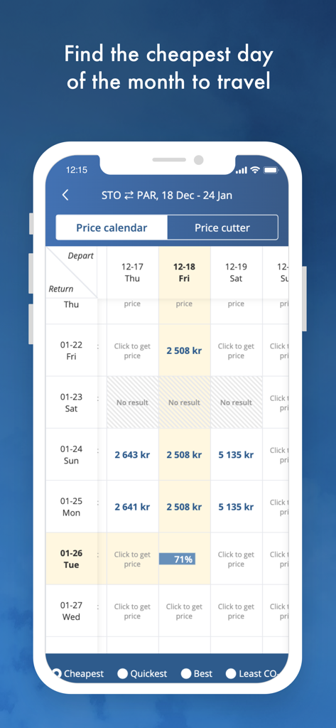 Flygresor app price calendar showing cheap flight options by date grid