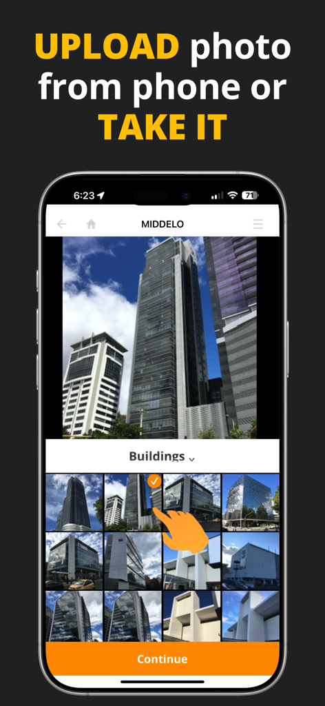 MIDDELO Facade Measuring Tool - MIDDELO app interface showing a gallery of building photos for users to select an image for remote measurement
