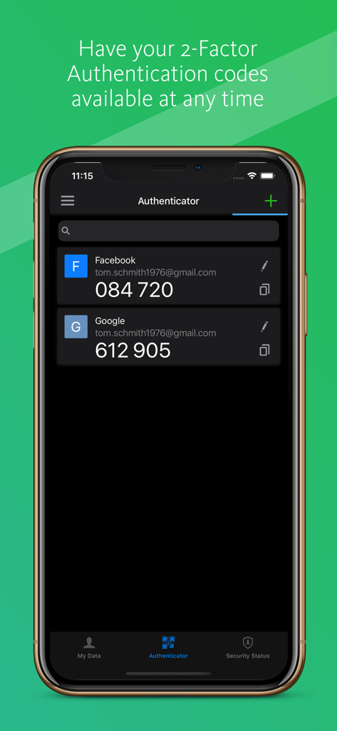 Avira Password Manager App-Bildschirm mit Zwei-Faktor-Authentifizierungscodes für Facebook und Google