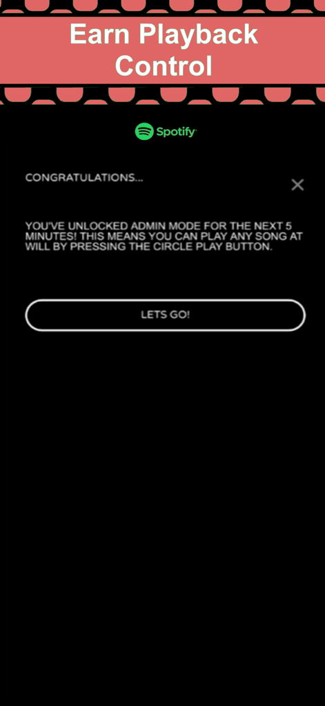 Screenshot der Jukebox App, der eine Glückwunschmeldung zum Freischalten des Admin-Modus für fünf Minuten Wiedergabezeit anzeigt.