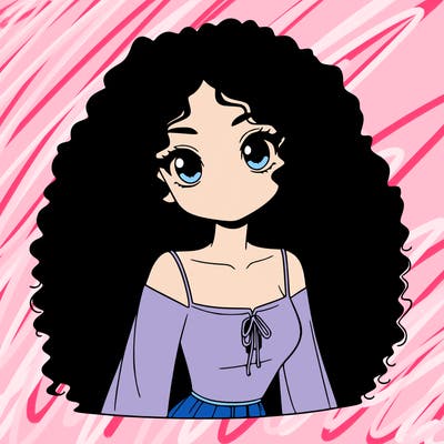 a black anime girl with long afro hair