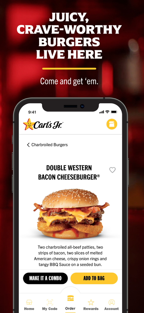Carls Jr mobile app menu page showing a Double Western Bacon Cheeseburger with options to customize and add to bag