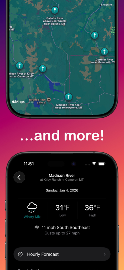 Blue Liner Flows - Interactive river map and detailed weather forecast screens from the Blue Liner Flows app.