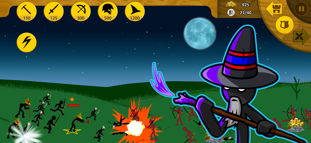 Stick War: Legacy - Stick figure mage leading an army during a nighttime battle in Stick War Legacy