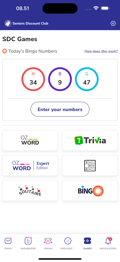 Seniors Discount Club - Seniors Discount Club app games section showing daily bingo numbers and options for Sudoku Solitaire and Trivia
