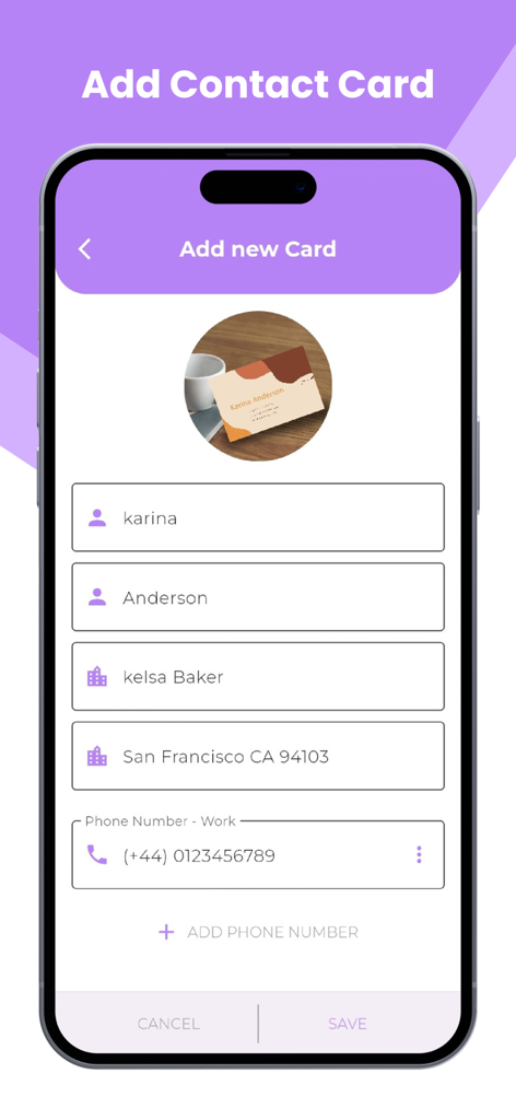 Card Reader & Scanner - Écran d'application mobile montrant les coordonnées numérisées d'une carte de visite numérisée
