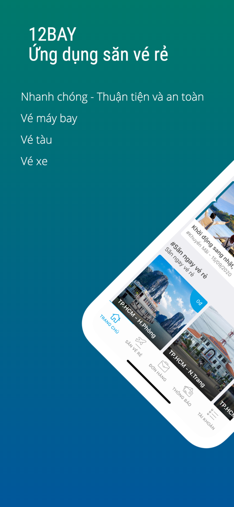 Săn Vé Máy Bay Giá Rẻ 12Bay.vn - ベトナムの格安航空券、鉄道、バスチケット予約のための12Bayモバイルアプリプロモーション画面