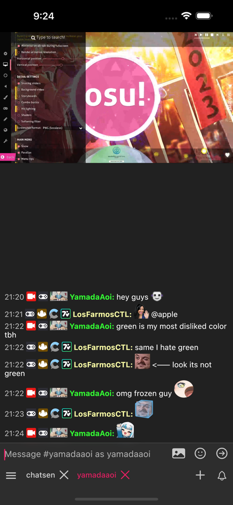 Chatsen - Chatsen mobile app interface showing a Twitch chat with custom emotes and a built-in video player for streaming