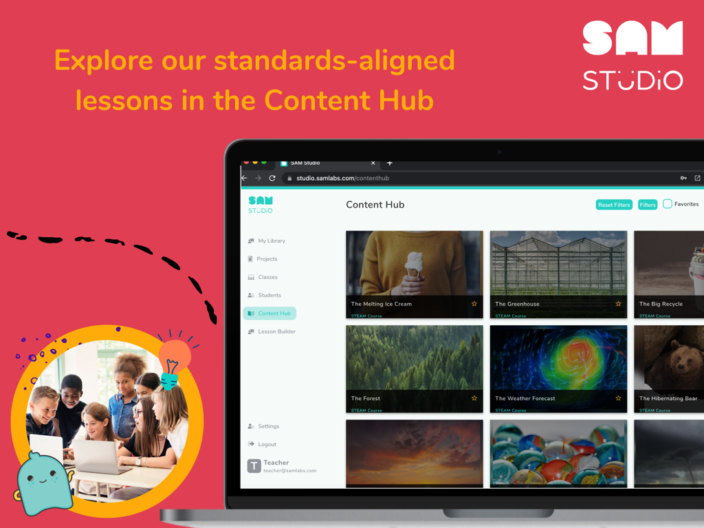 SAM Studio Content Hub interface showing standards-aligned STEAM lessons