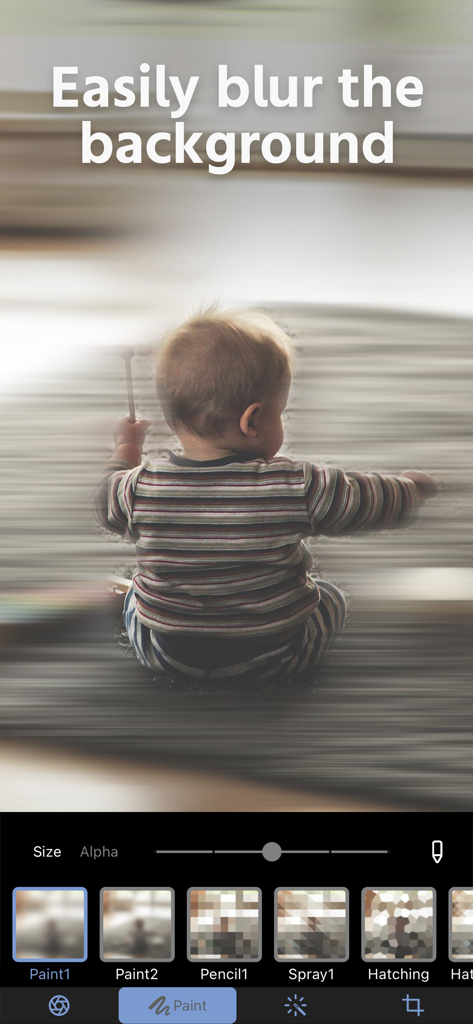 Blur Background Photo Effect - App-Oberfläche zum Unscharfmachen von Hintergründen mit einem Babyfoto und Bearbeitungswerkzeugen