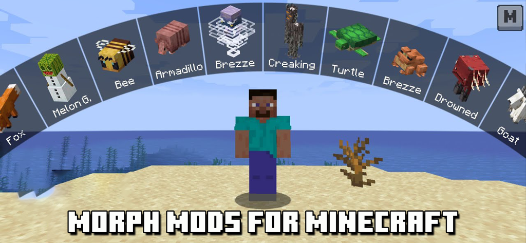 A Minecraft character standing on a beach with a selection menu for morphing into various mobs like a bee, turtle, and fox.