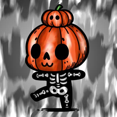 cute skeleton with a pumpkin on its head while dancing
