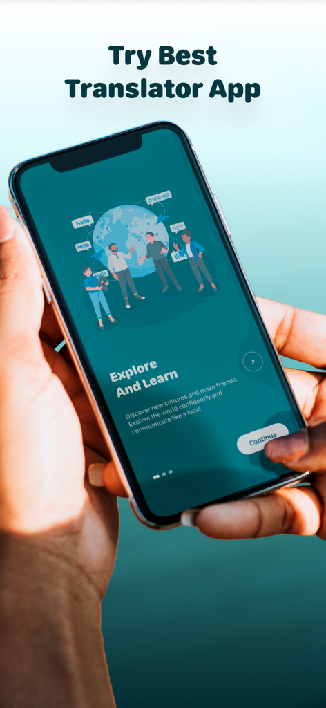 Hands holding a smartphone displaying the Hey Translator welcome screen with a globe and people illustration