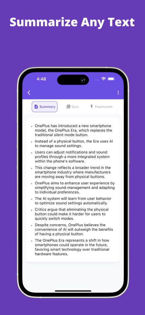 Flashcards to Study - Synt - iPhone screenshot of the Synt app summary feature showing bulleted points from a text