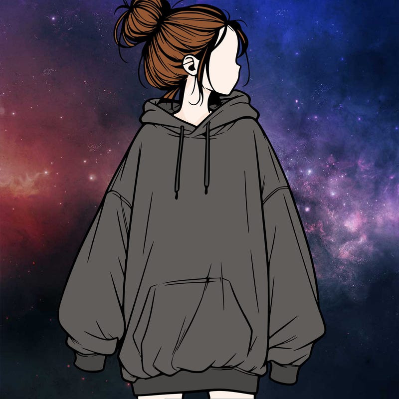 realistic girl with a oversized sweatshirt on and a bun