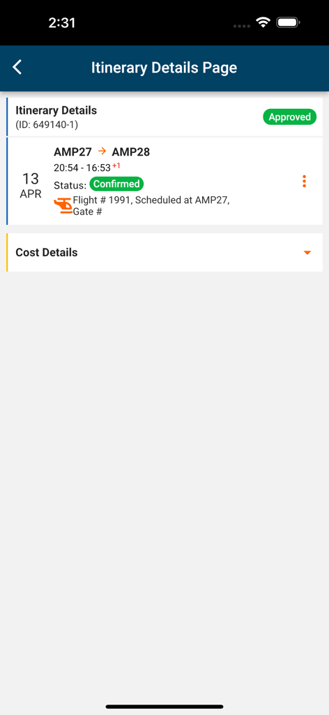 iLogistics Go - iLogistics Go mobile app showing itinerary details for a confirmed helicopter flight between work sites