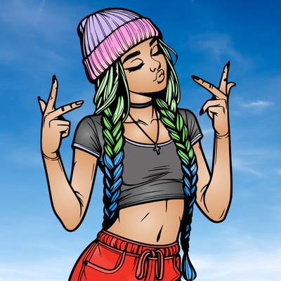 realistic teenage girl with braids and a beanie and crop top doing 🫶🏼