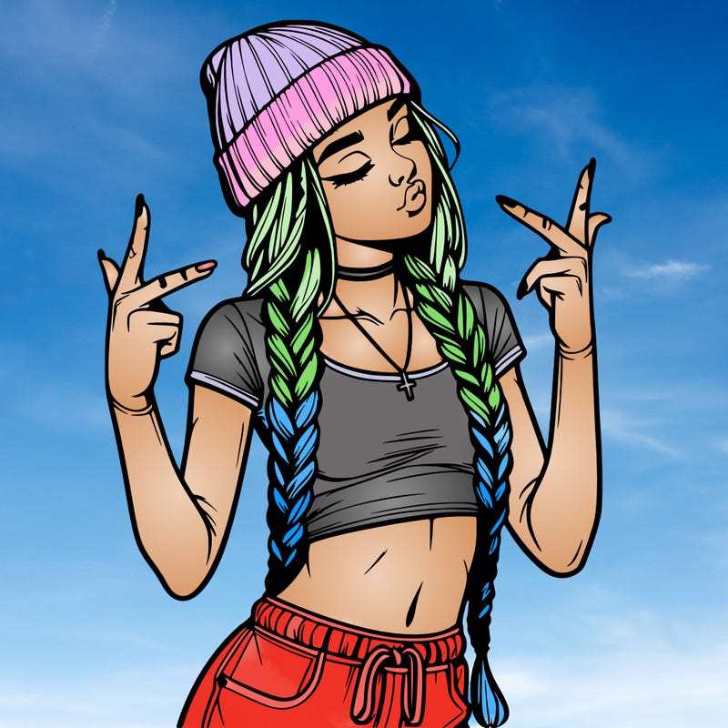 realistic teenage girl with braids and a beanie and crop top doing 🫶🏼