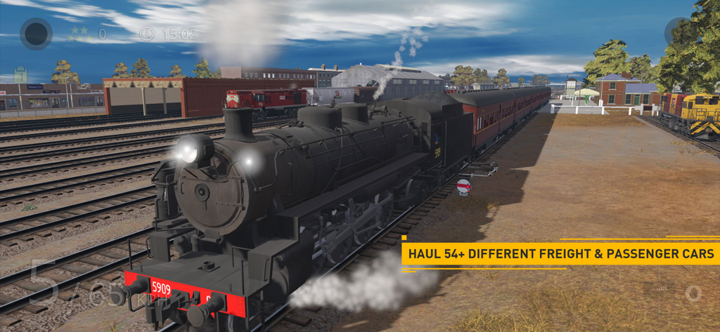A detailed black steam locomotive hauling a passenger train in a realistic railroad yard
