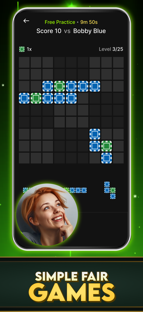 Mobile gameplay of a block puzzle match in the Clinch PvP Bitcoin Games app